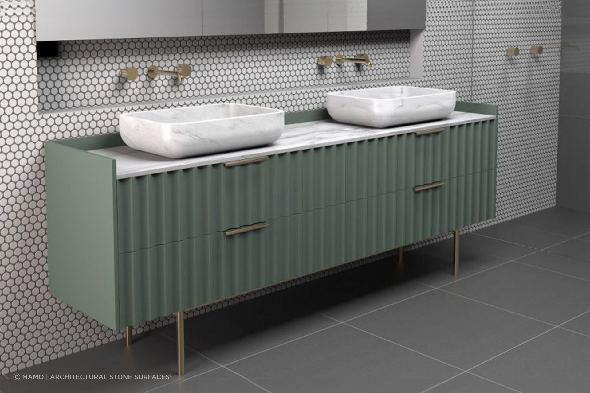 Shades of green can bring a natural aesthetic to your bathroom, seen here with the Seta Vanity by MAMO | Architectural Stone Surfaces®.