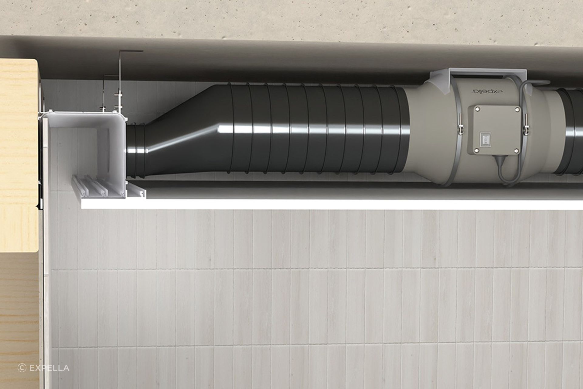 Internal ceiling space needs to be considered when planning ventilation systems. This example shows an inline ventilation system using Expella’s EMF series fan and Shadowline Diffuser Pro internal grille.