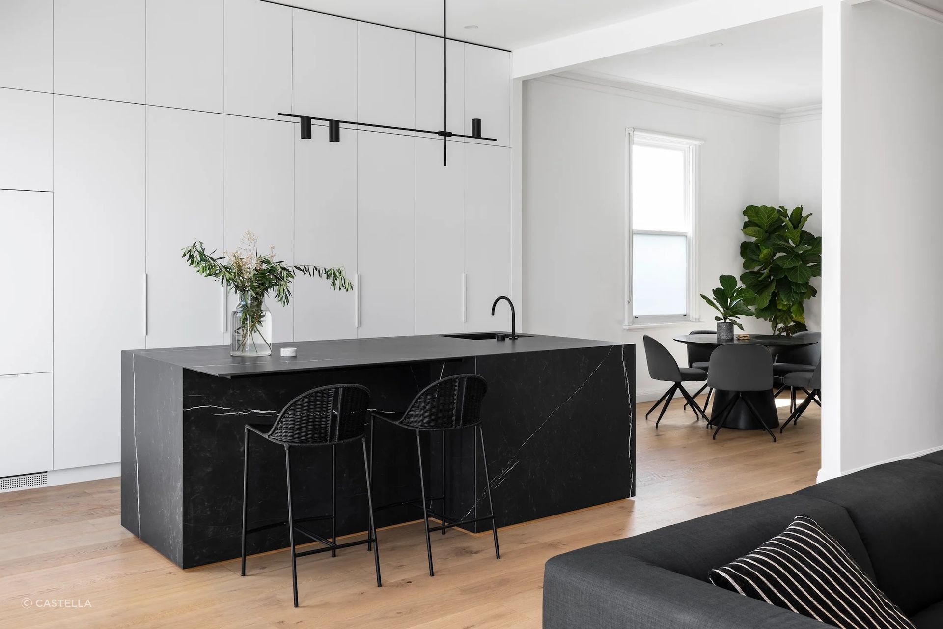 Kitchen Project Featuring Castella Ledge Pull Handle in Matt White Finish