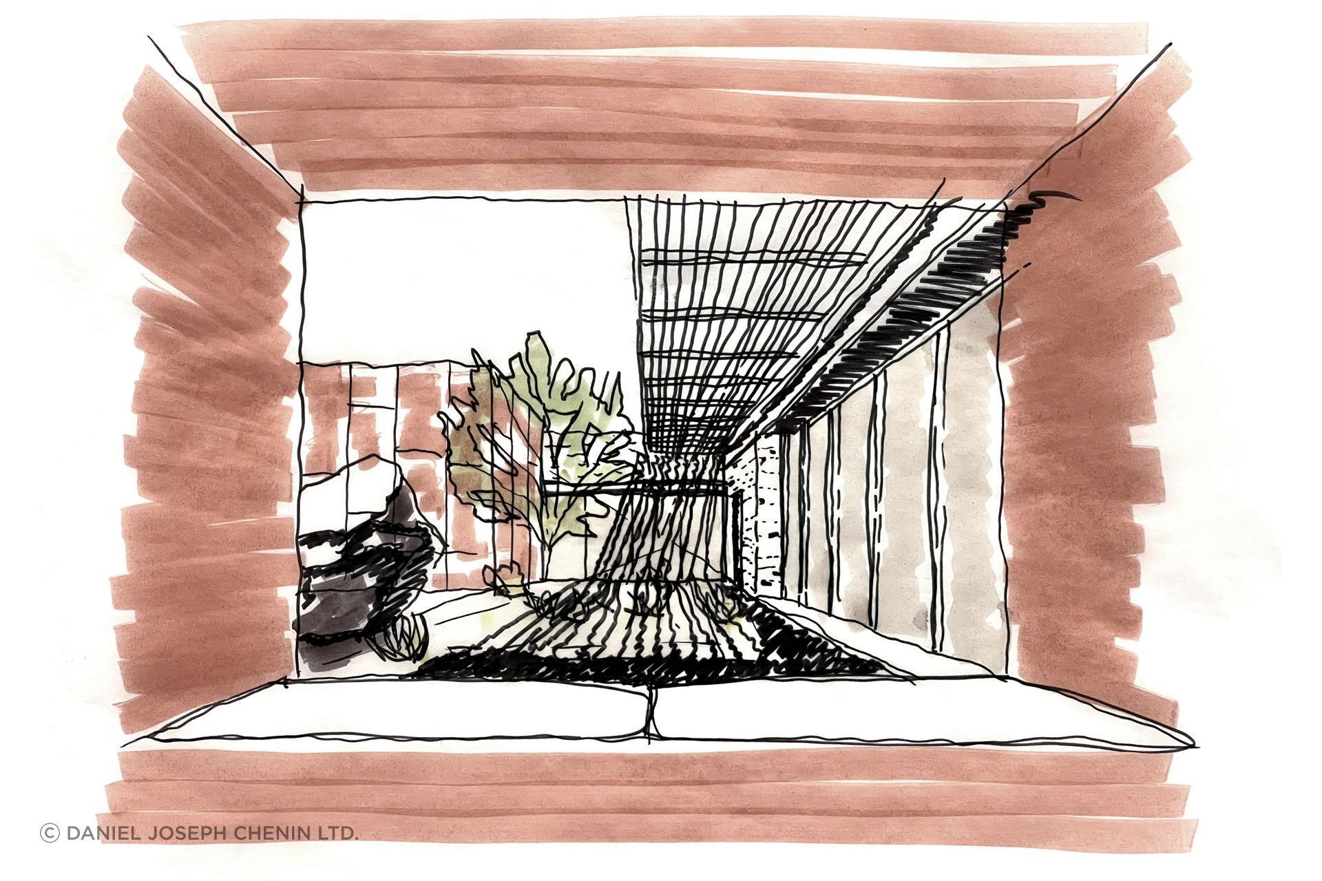 Concept sketch studying the rhythm of walls, shade structures, and framed views that define the living experience.