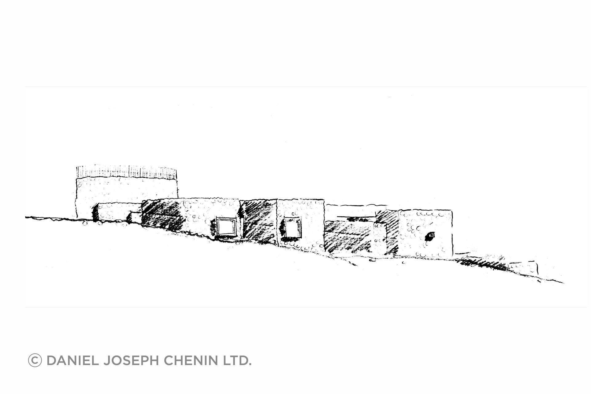 Concept sketch elevation expressing the home's low horizontal profile and its integration with the natural contours of the site.