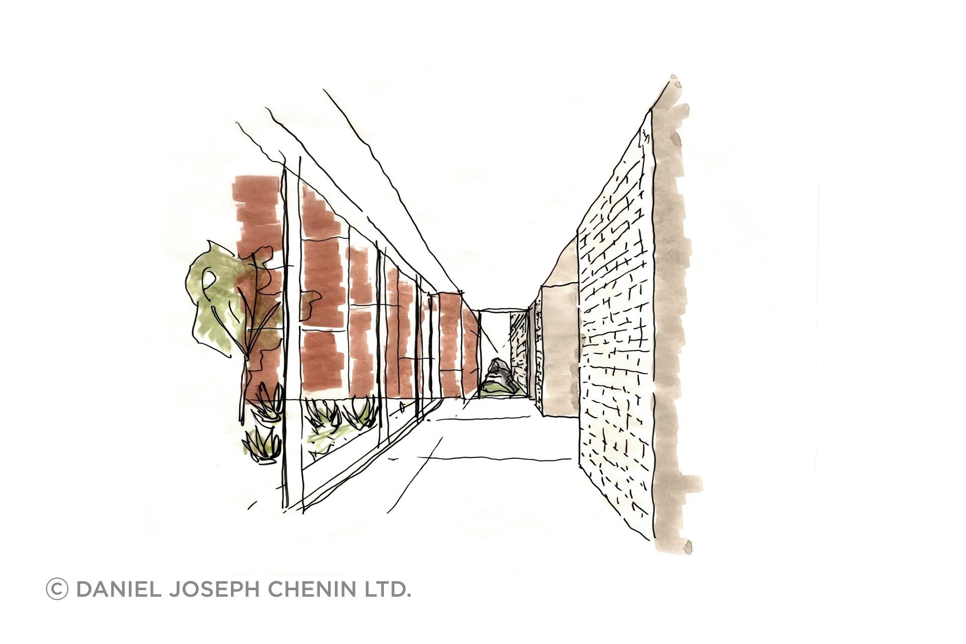 Perspective sketch illustrating the layered procession through walls, courtyards, and landscape, a sequence of compression and release inspired by historic desert fortifications.