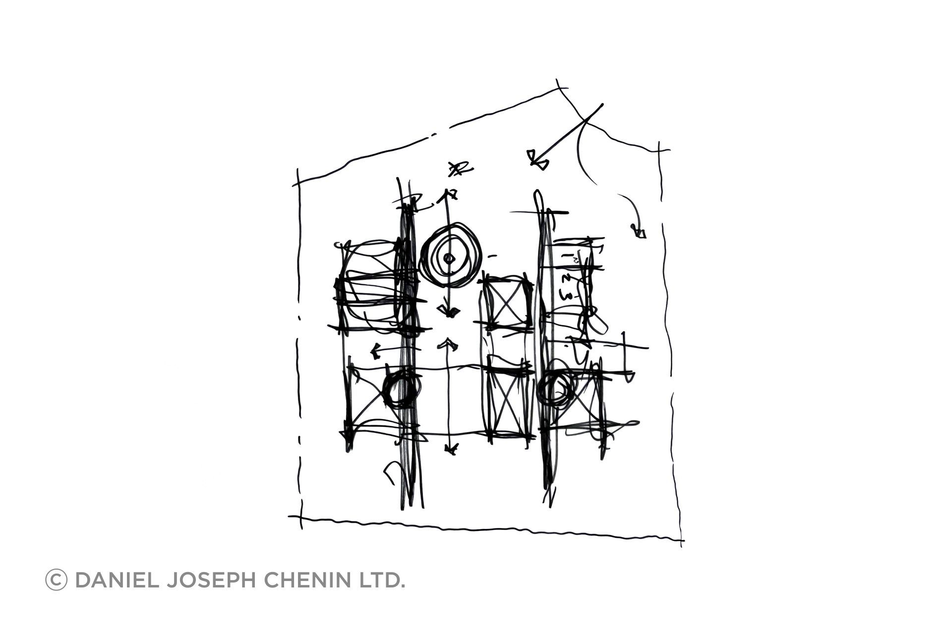 Early concept sketch exploring the organization of the residence as a cluster of rock-like forms surrounding a protected central courtyard.