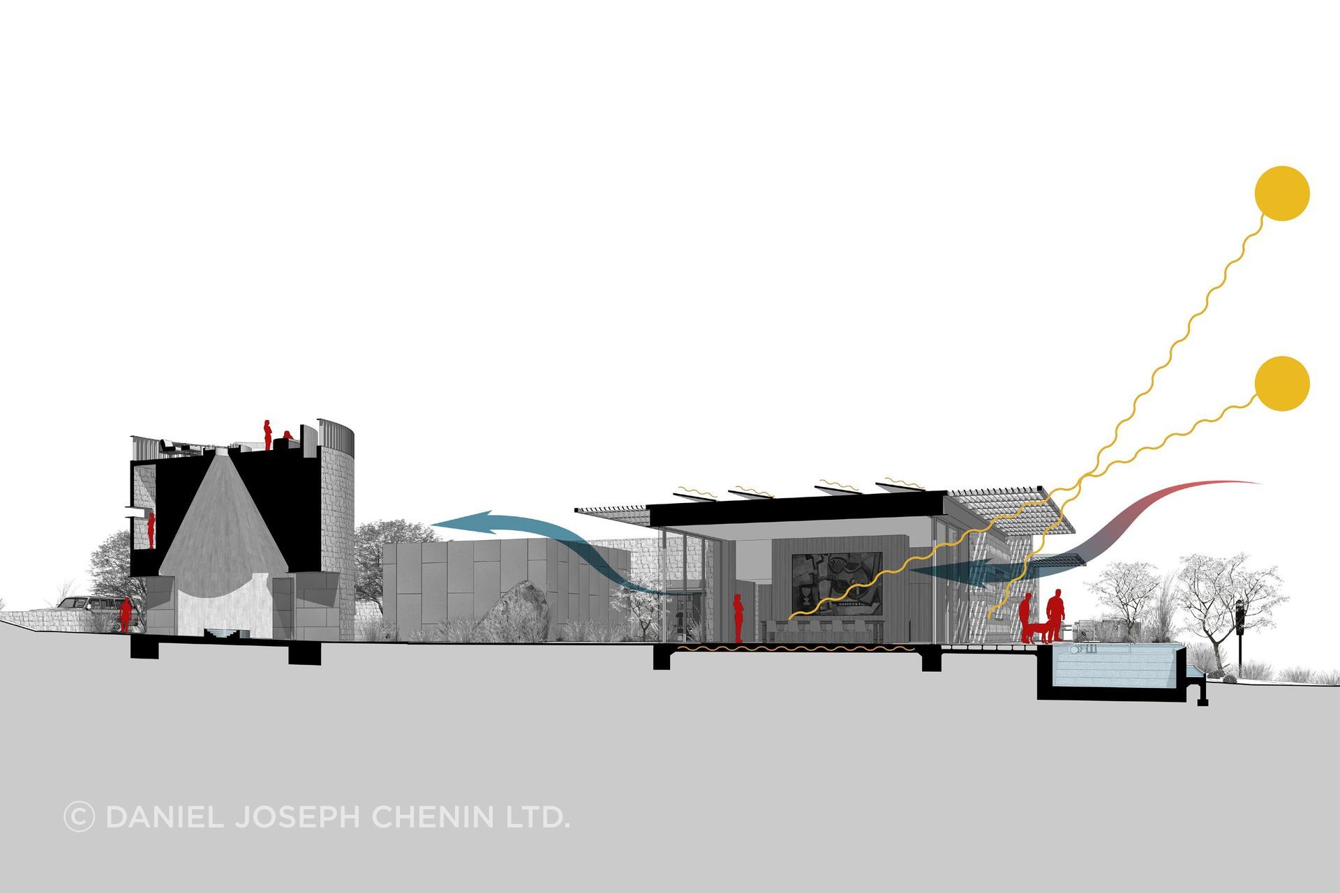 Section study illustrating the home's relationship to the terrain, passive environmental strategies, and carefully choreographed sequence of spaces.
