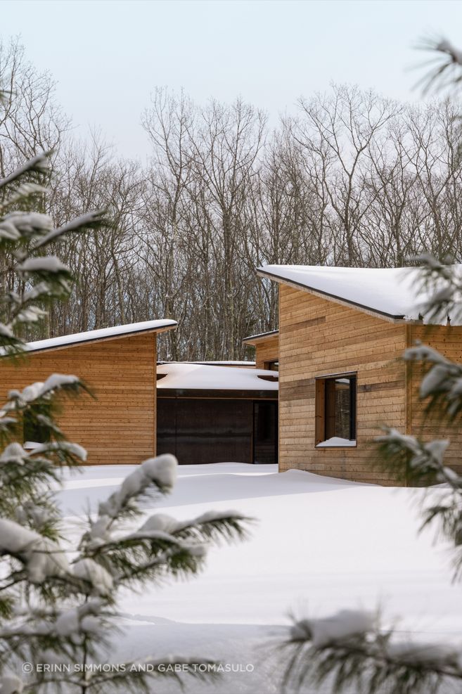 The material expression is a palette of natural tones that blend with the surrounding woods.