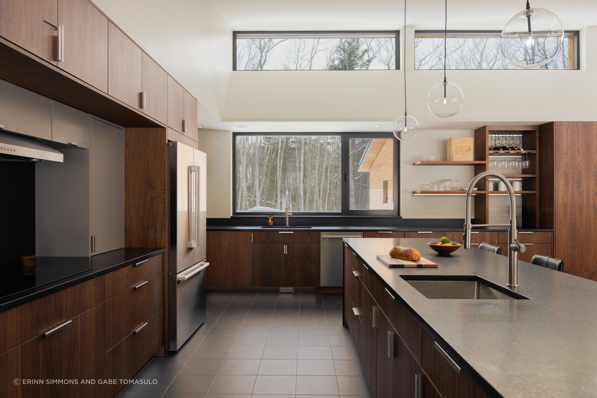 Clerestory windows balance light in the main living spaces, reducing glare.