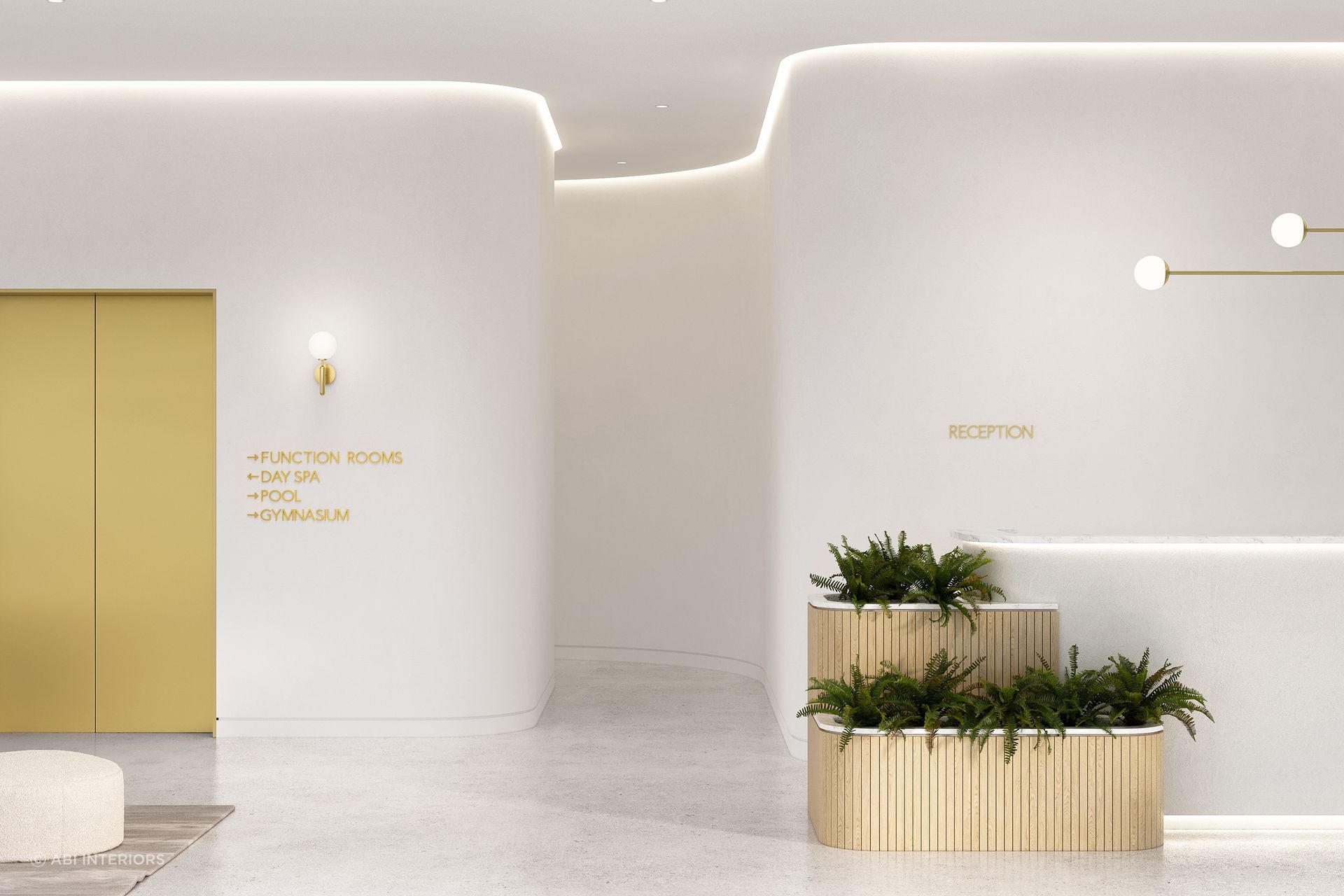 Wayfinding signage in a clean, contemporary lobby.