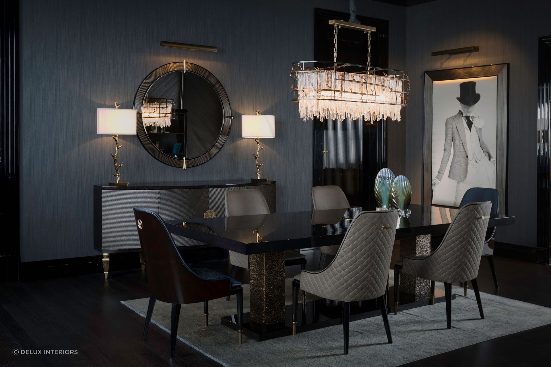 A wall mirror will naturally reflect the lighting in a dining room and can look incredibly elegant too, seen here with the Stone Dining Table.