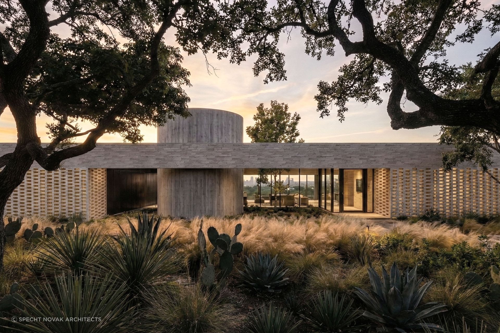 A visualisation of Wildcat Hollow House by Specht Novak, where masonry, landscape and filtered light are used to create a home that feels grounded in its site before opening to the view beyond.