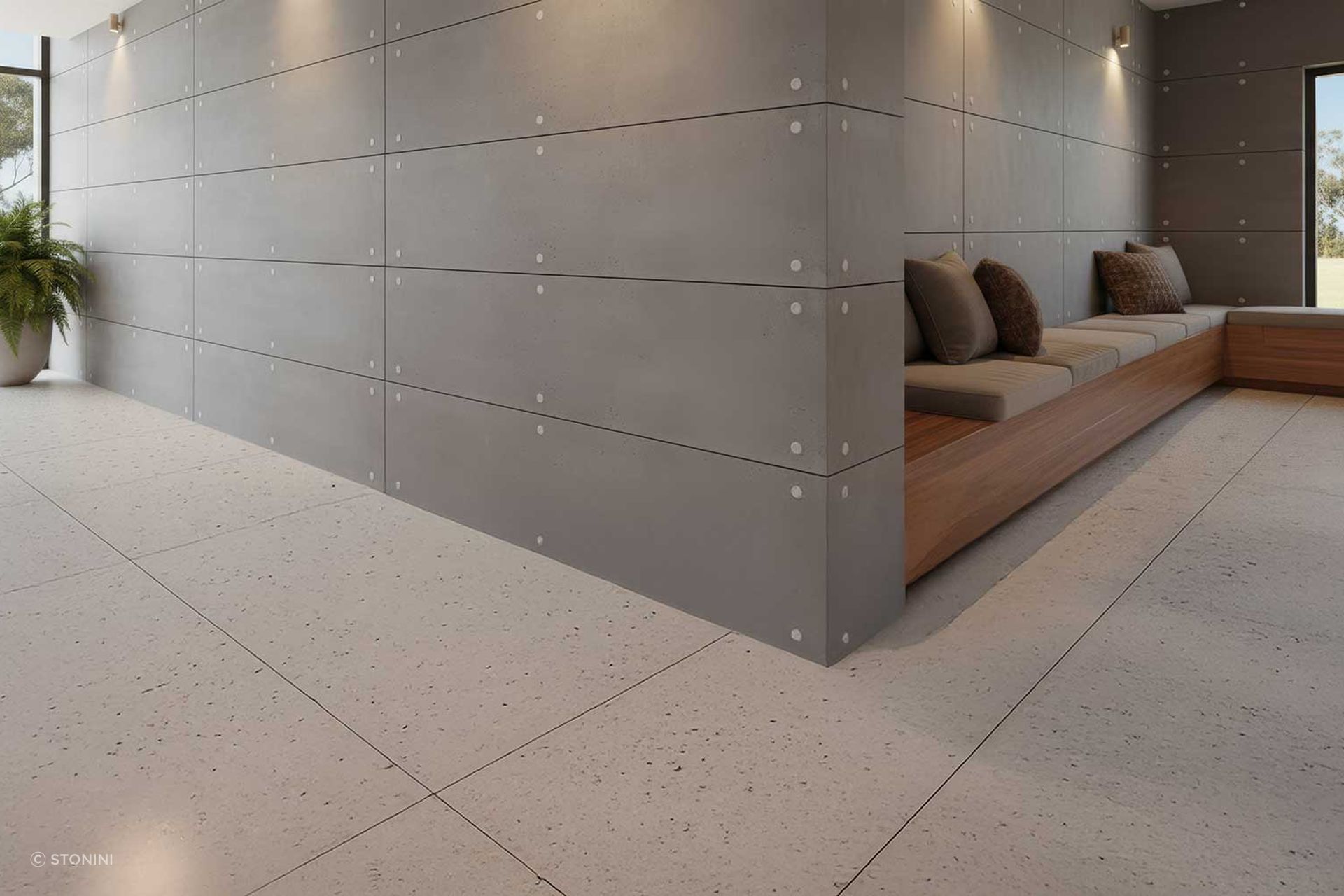 A visualisation of how concrete panel walls with tie holes and integrated timber seating can create a warm and welcoming hospitality lobby