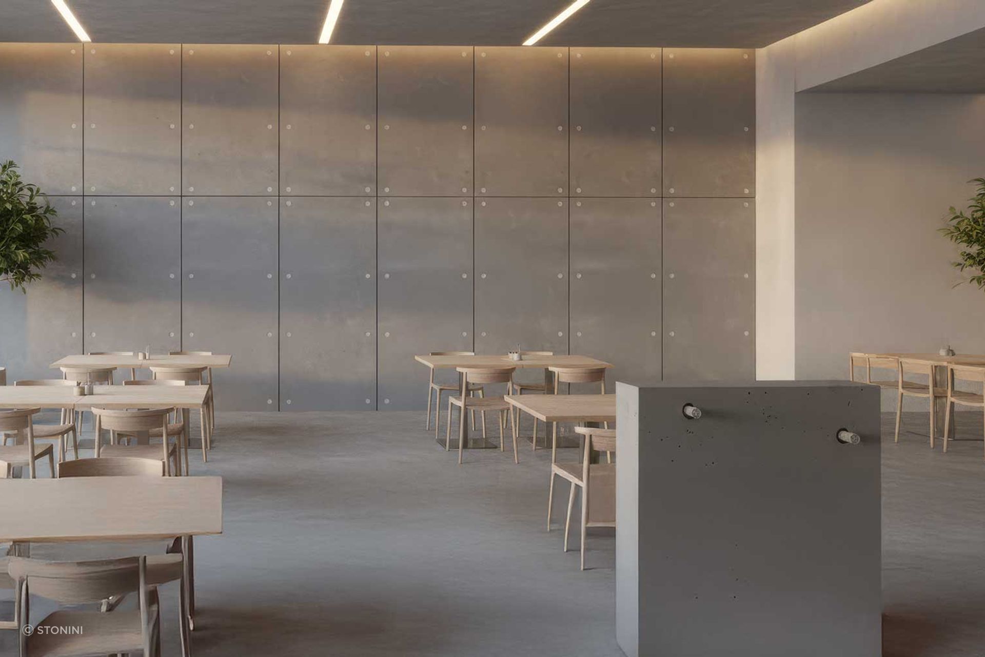 Artist’s render showcasing an industrial-chic restaurant where the raw beauty of the concrete panels with tie-rod holes is matched by their exceptional, through-body durability