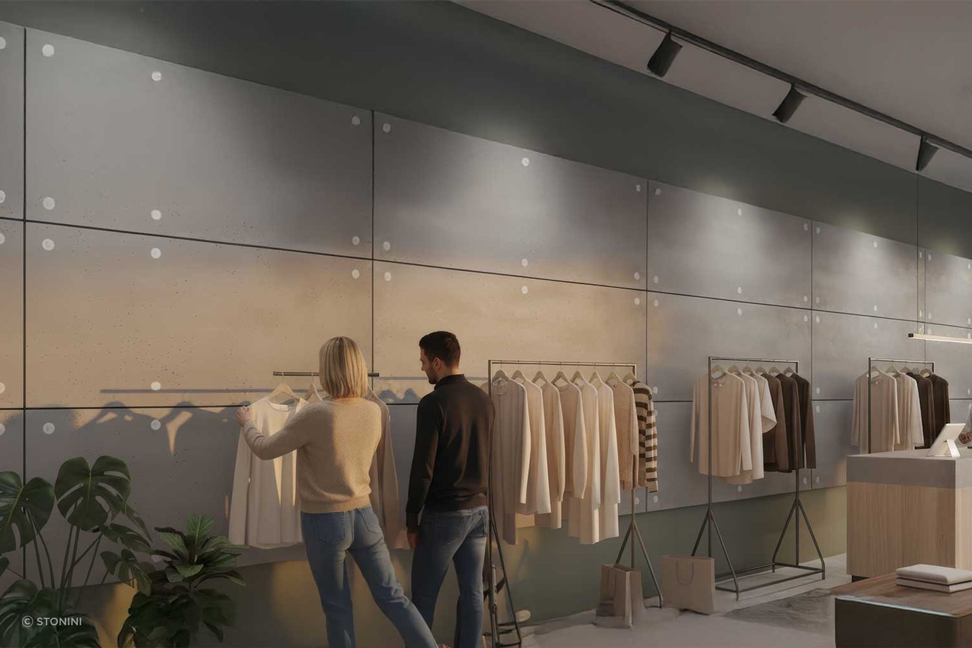 A visualisation of a high-end retail space, where Interior concrete wall panels create a sophisticated, industrial backdrop that makes the fashion stand out