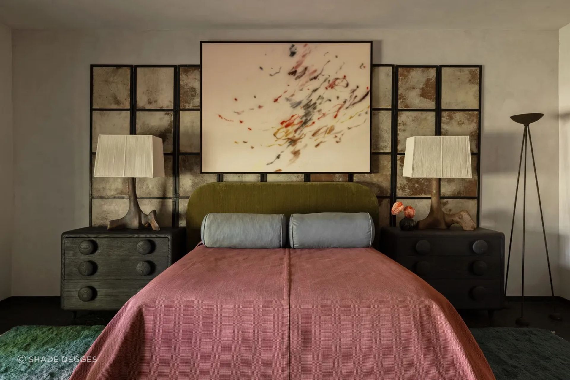 Vintage French folding screens and a protoype bed from Lawson’s upcoming furniture line, Very Ryan Lawson, anchor the primary suite; 1970s table lamps by Tim Orr and painting by Frederic Anderson. Art: Frederic Anderson