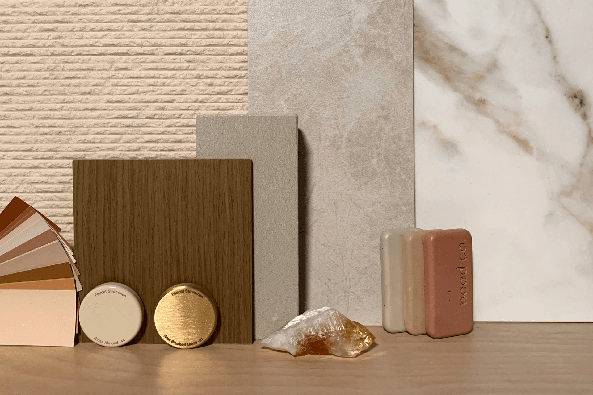 Sustainable finishes - natural paint, Global GreenTag ceramic tiles &amp; timber veneer, recycled glass benchtop surface, Australian-made tap ware &amp; concrete sink samples