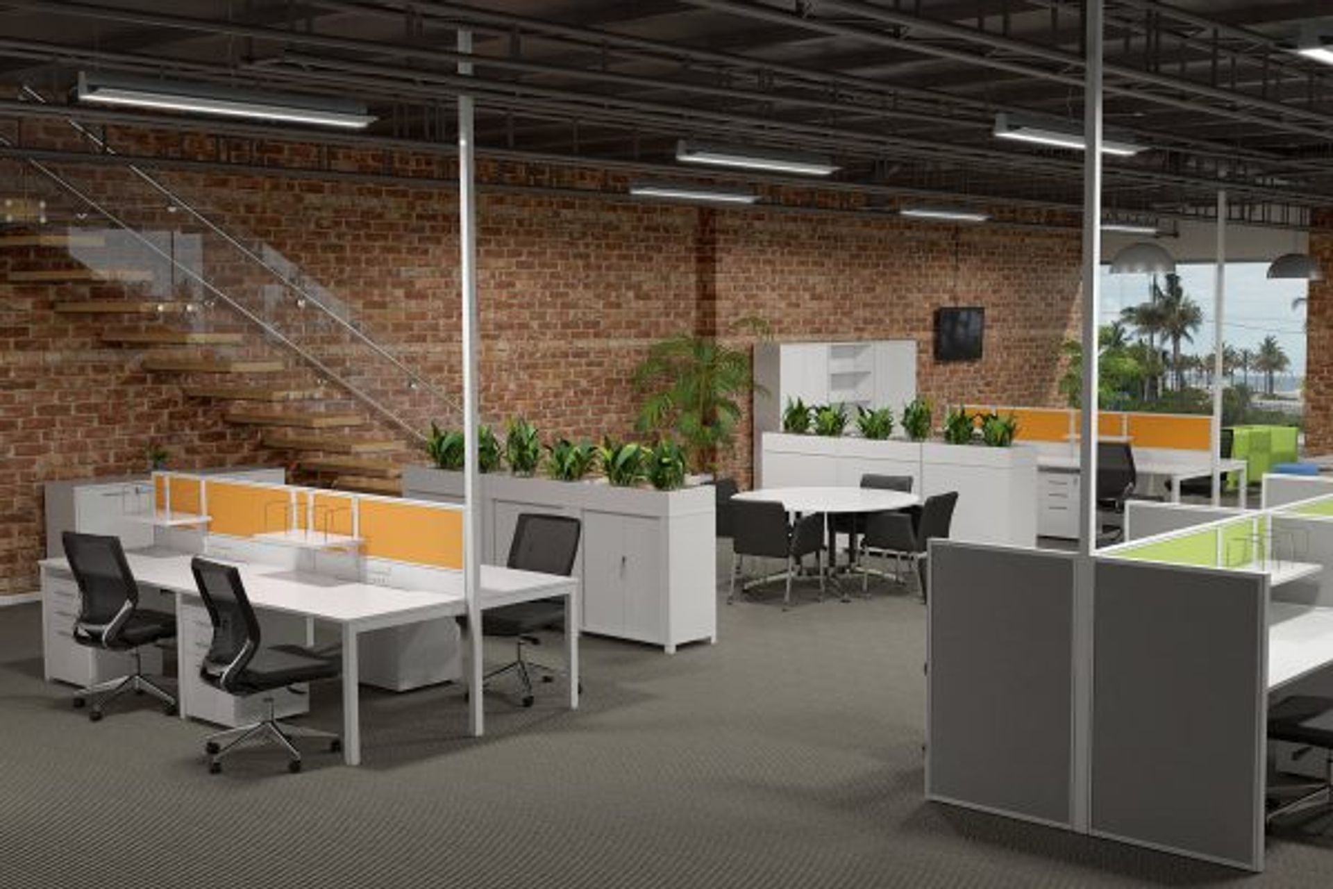Workstations with privacy screens above and beside desks