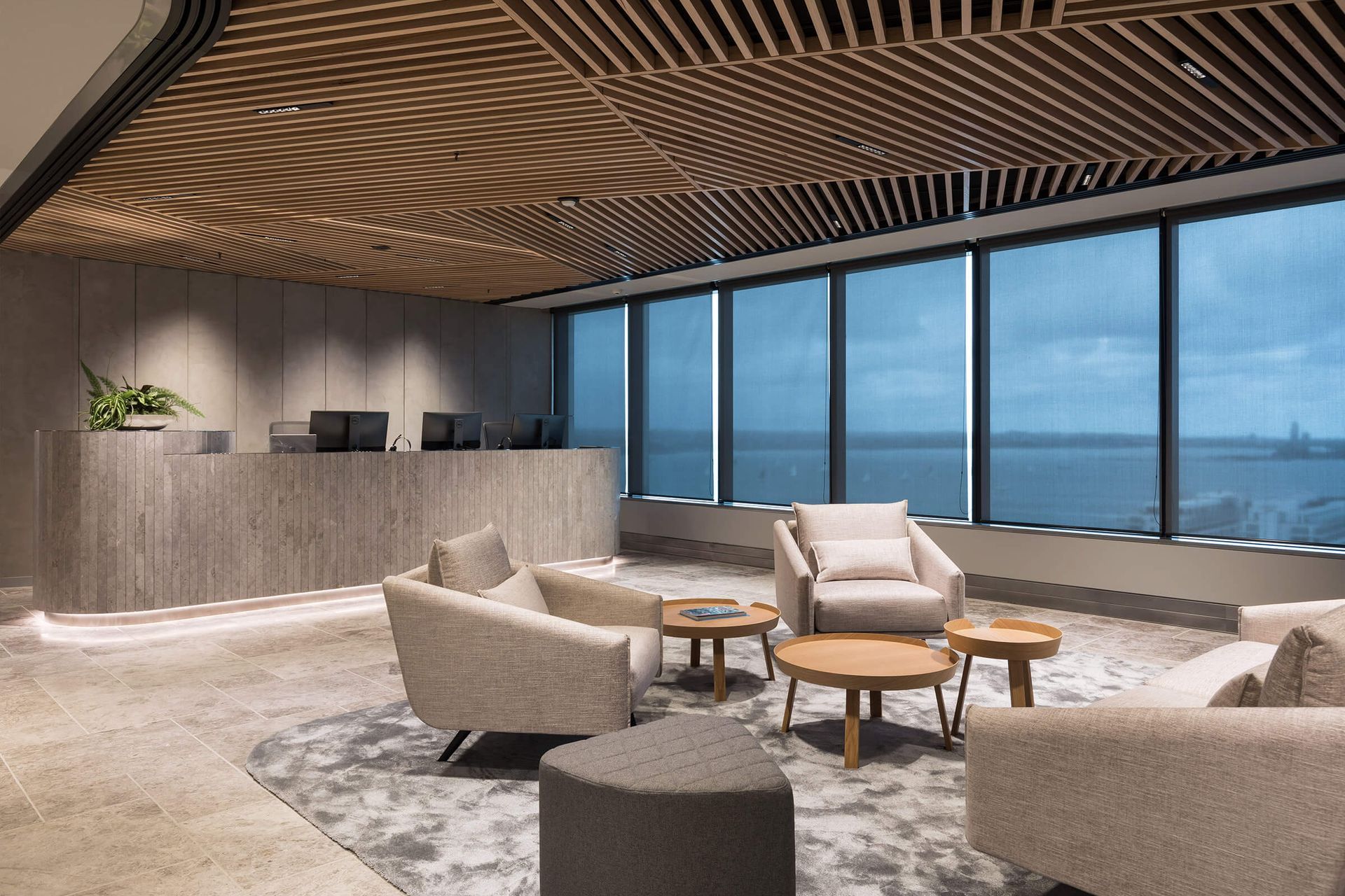 For the fit out of the Buddle Findlay offices in Auckland, designed by Warren and Mahoney, Sculptform installed a suspended ceiling arrangement of Click-on Battens in Victorian ash.
