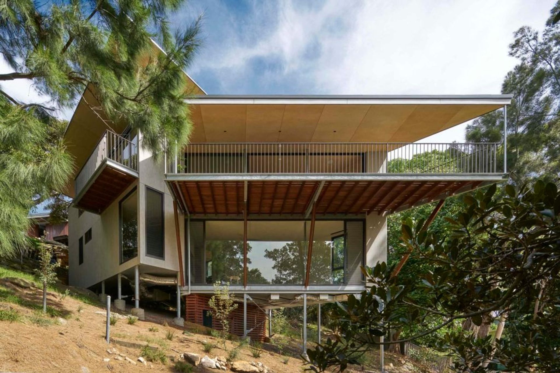 The north facade has deep eaves to reduce summer sun