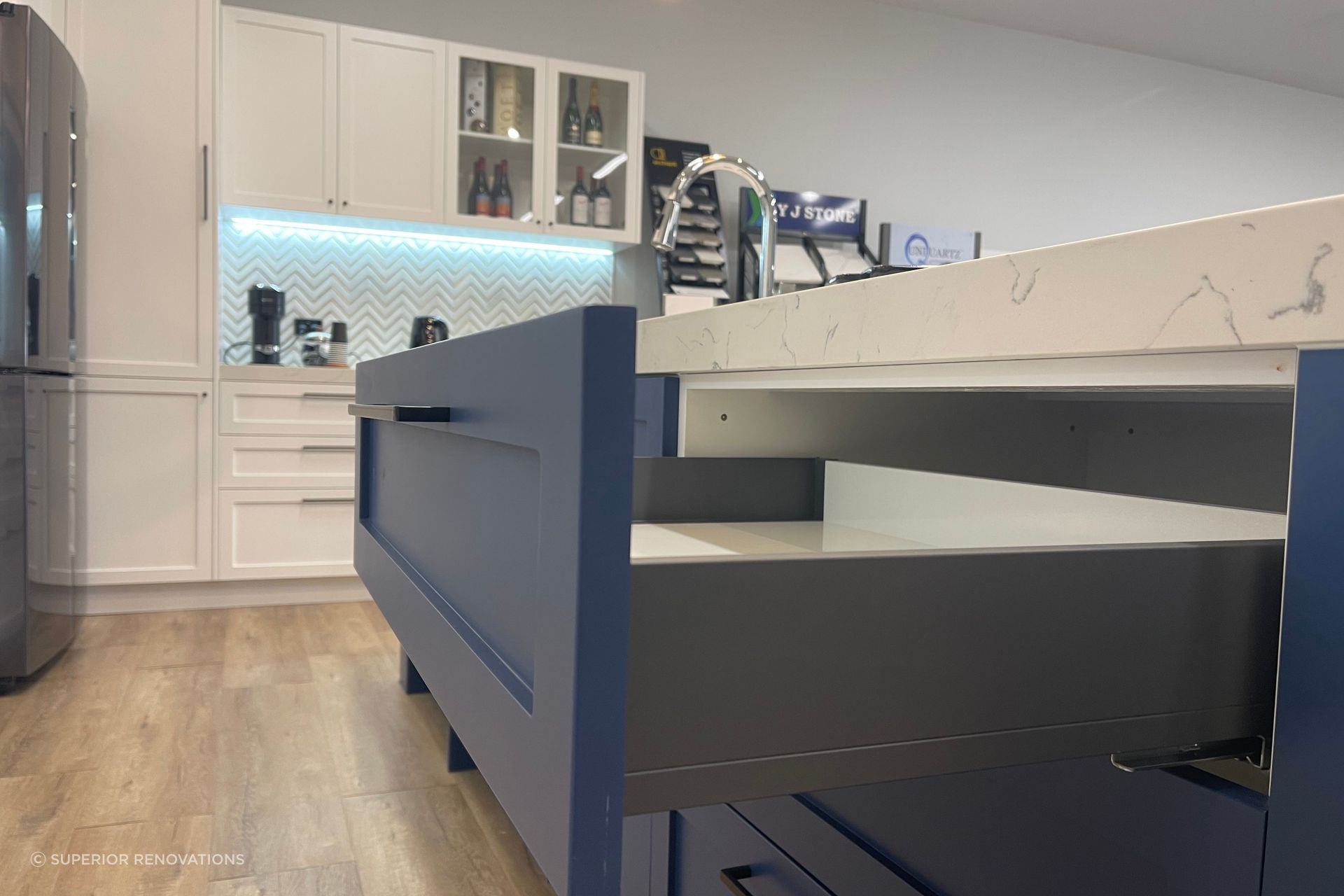 Soft close drawers with BLUM technology in our Kitchen showroom in Auckland