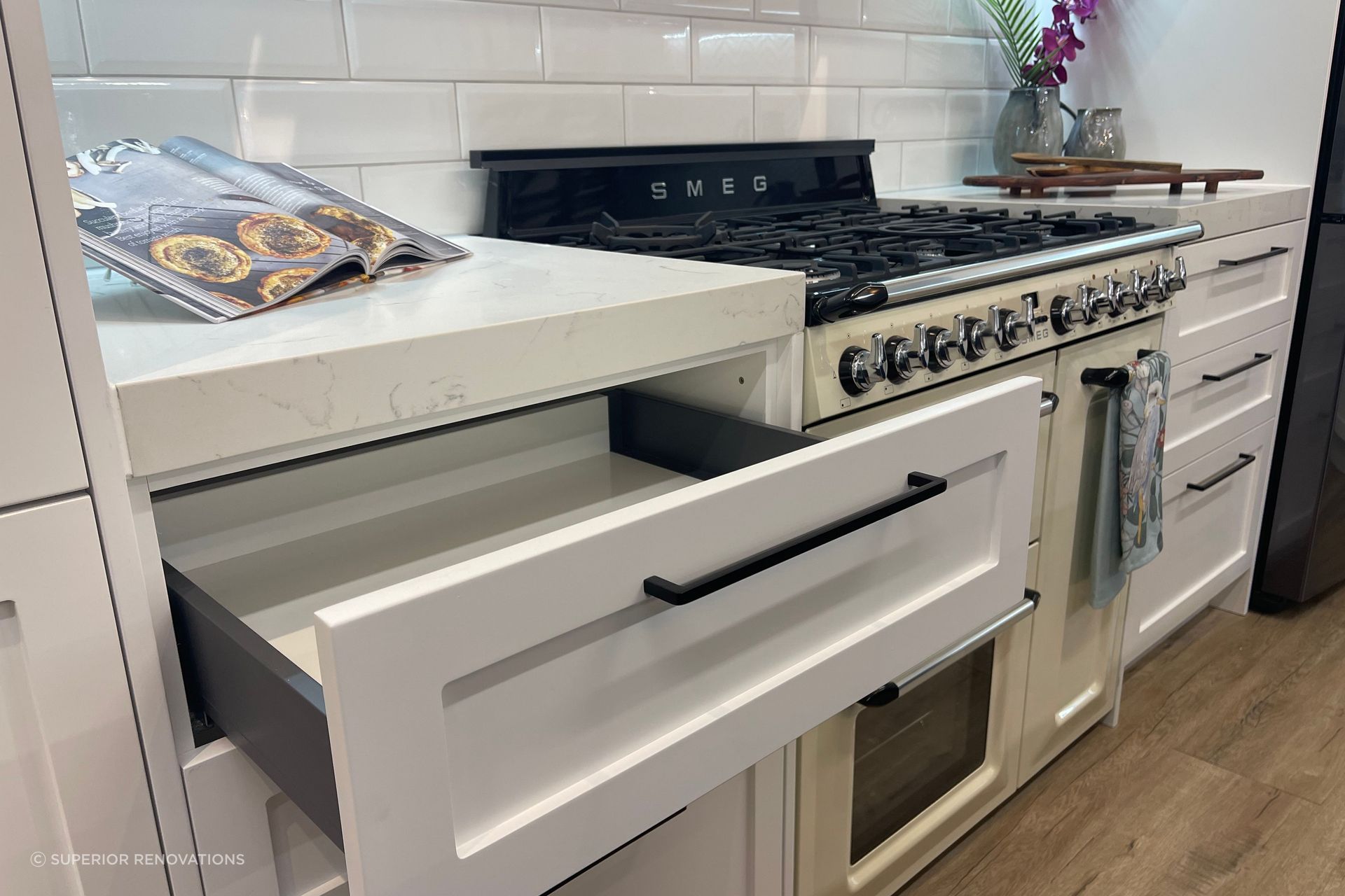 White handcrafted drawer fronts with soft close drawers