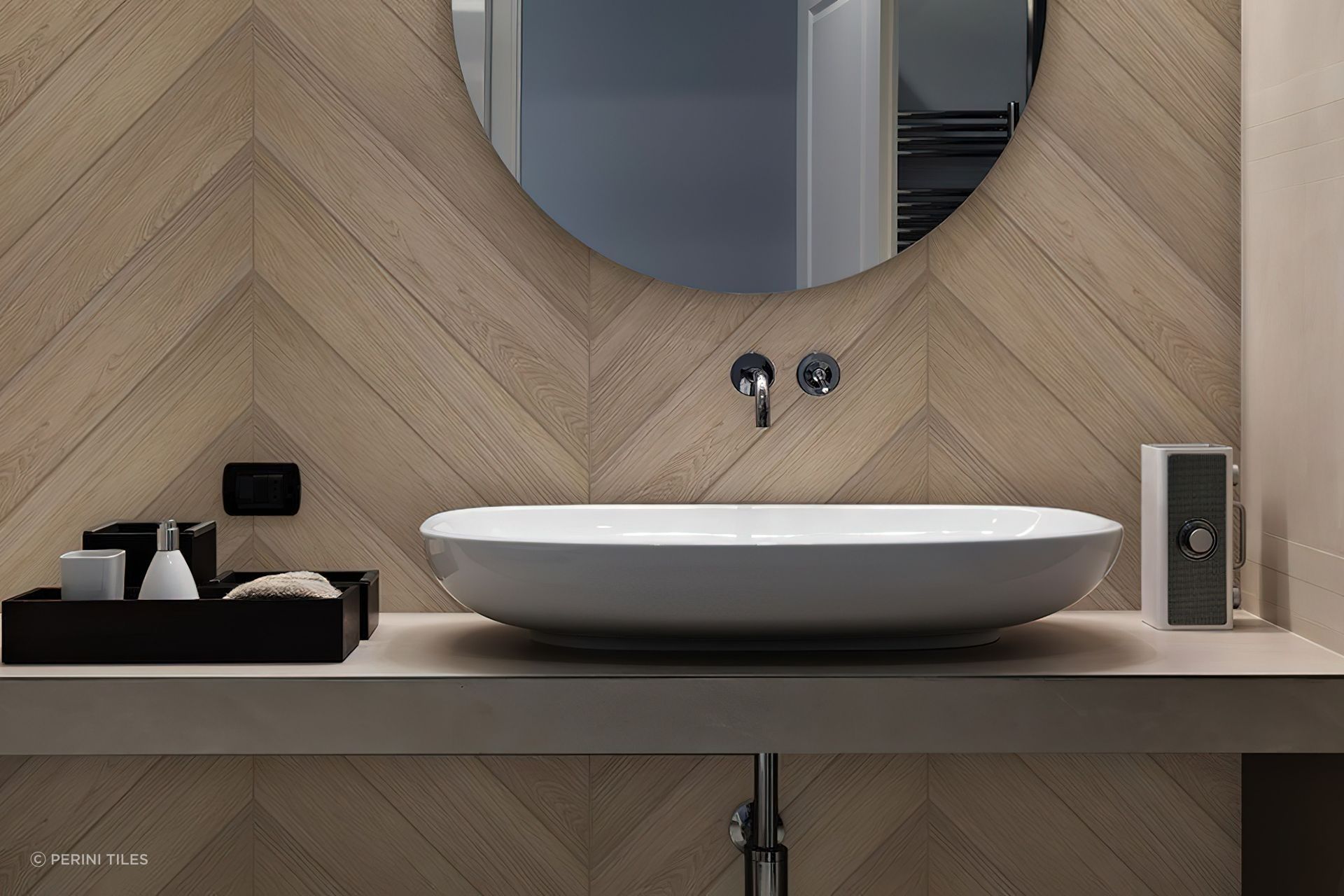 Available in a selection of traditional timber styles (including a modern chevron tile option) the Huski collection can be used to add timber touches throughout your home’s interior spaces, including in wet areas such as the bathroom or laundry room