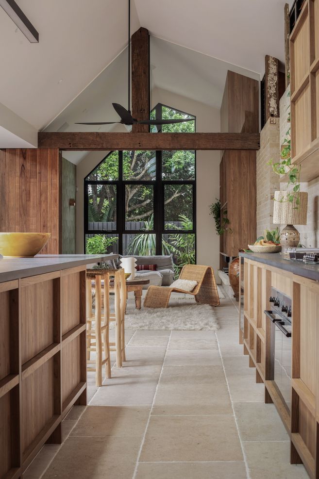 A brick wall divides the home into pods
