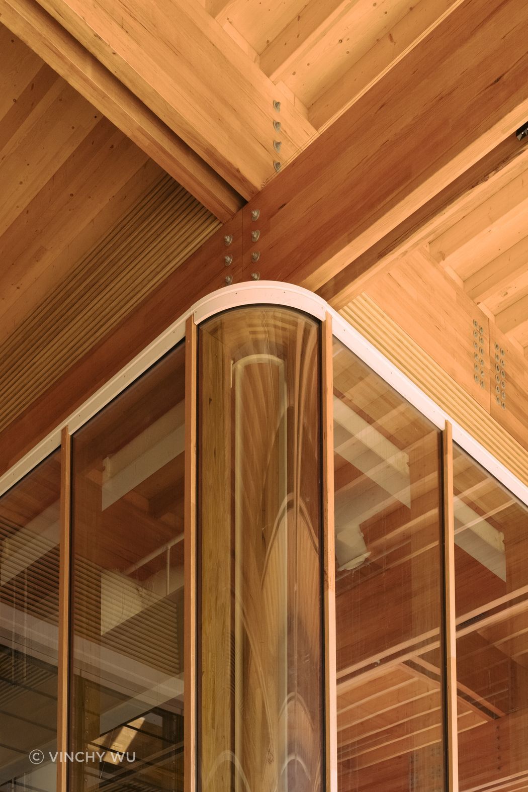Close up perspective of MASSLAM glulam columns and beams working seamlessly together at AMRF First Building. Image: Vinchy Wu