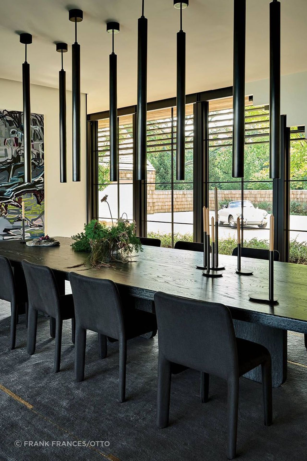 Janaina Tschäpe’s Valley 2, sourced from Sean Kelly Gallery with EAB Fine Art Services, draws the eye in the dining room. Apparatus pendants hang above the Rohan Ward Designs table, Molteni&C chairs and Erden rug.