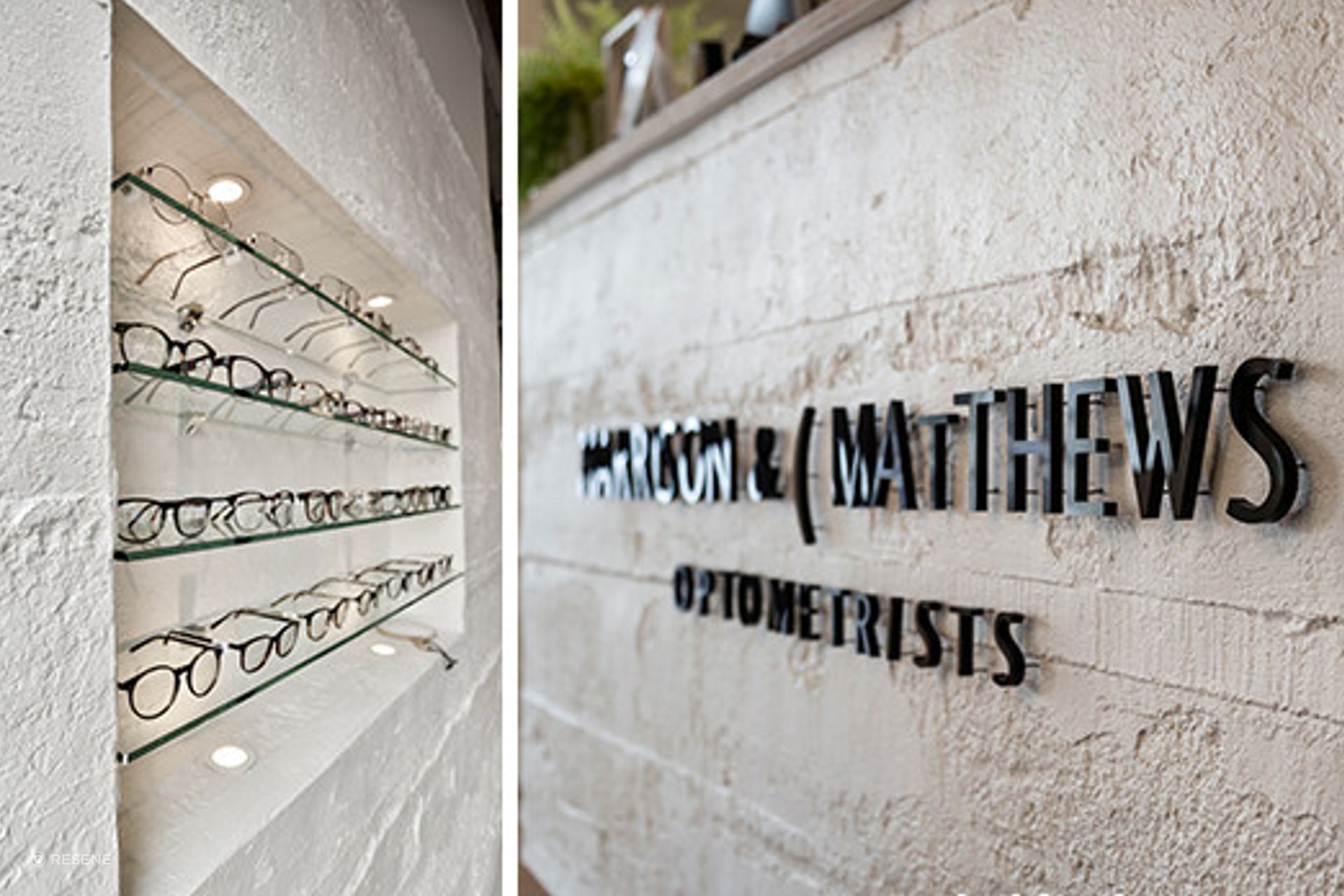 Muros Grey Roughcast Concrete wall panels were installed horizontally on walls, columns and the front counter then painted in Resene Black White at Harrison &amp; Mathews Optometrists in Ponsonby, Auckland. Design by The Fit Out Company.