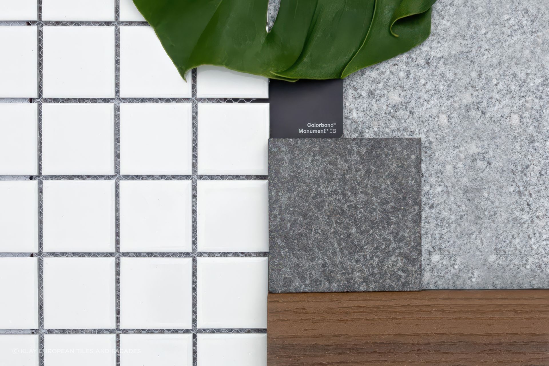 MONOTONE MELBOURNE

Residential White 48x48mm with Ash Granite (background tile) and Panther Black Granite (small swatch) from Pavers Plus