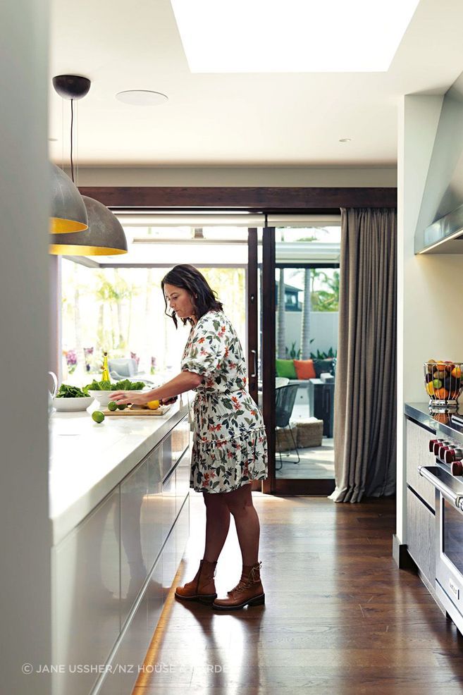 Rachael made sure the kitchen was supremely functional; dual Wolf warming drawers in the large island make serving large gatherings a breeze.
