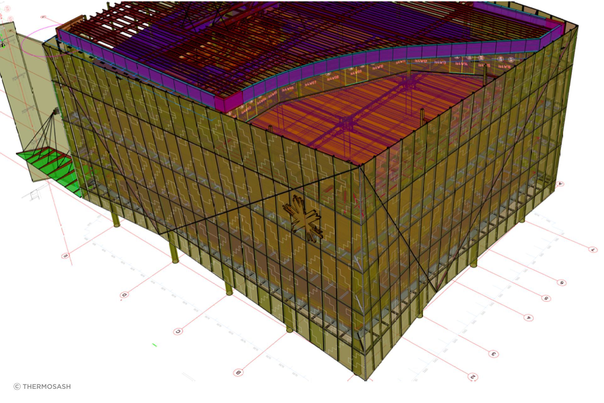 Thermosash's elevation showing its 3D-modelling for the 'twin-skin' element of the facade.
