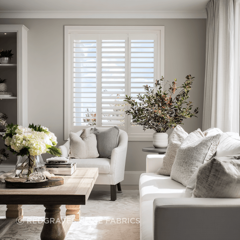 Hamptons shutters in an Auckland villa living room providing light control and privacy