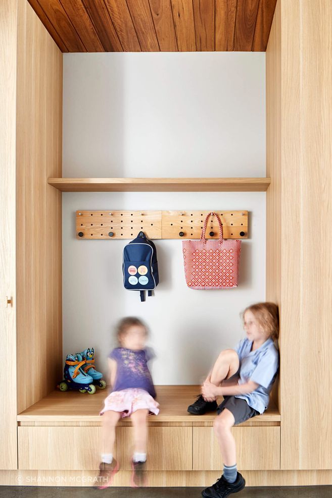 The mud room at the Long Garden House has storage for bags, shoes, sports gear and coats.