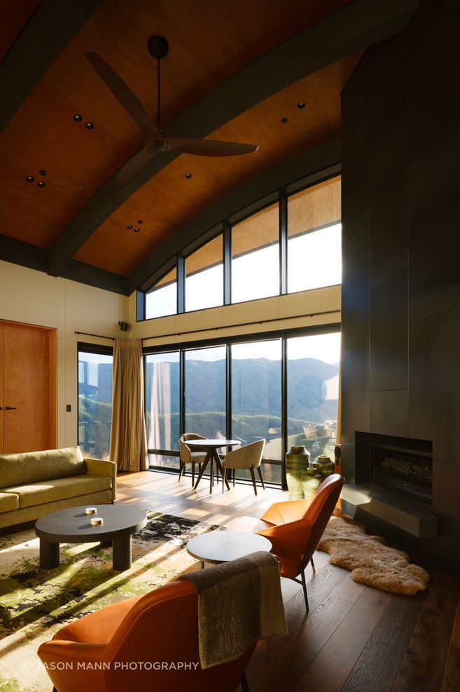 A lounge in one of the suites. “The clients are big on music. So they get the guitars out, and the acoustic ceilings help with the performance of those spaces, which was really important to them. It’s again quite different from most other buildings.”