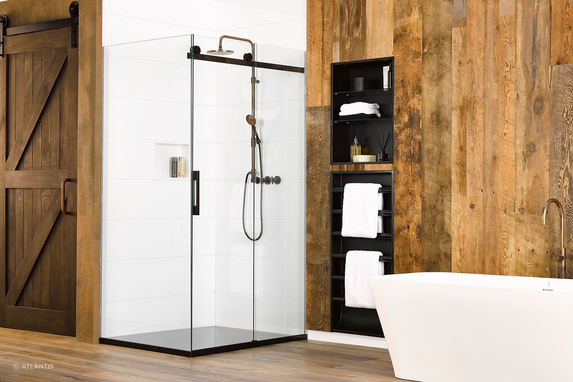 Shower and bath, side by side, featuring the The Ebony &amp; Ivory Renaissance Collection