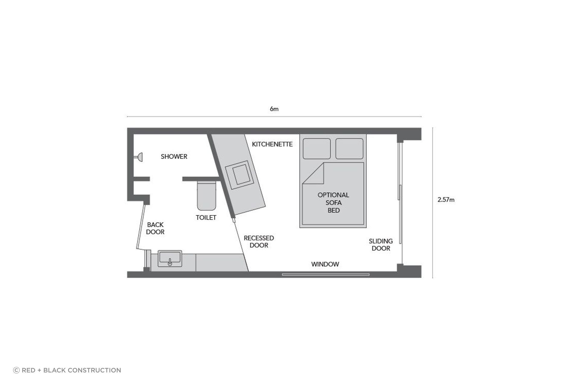 The floorplan for the Nook Tiny Home shows a footprint of just 18 square metres