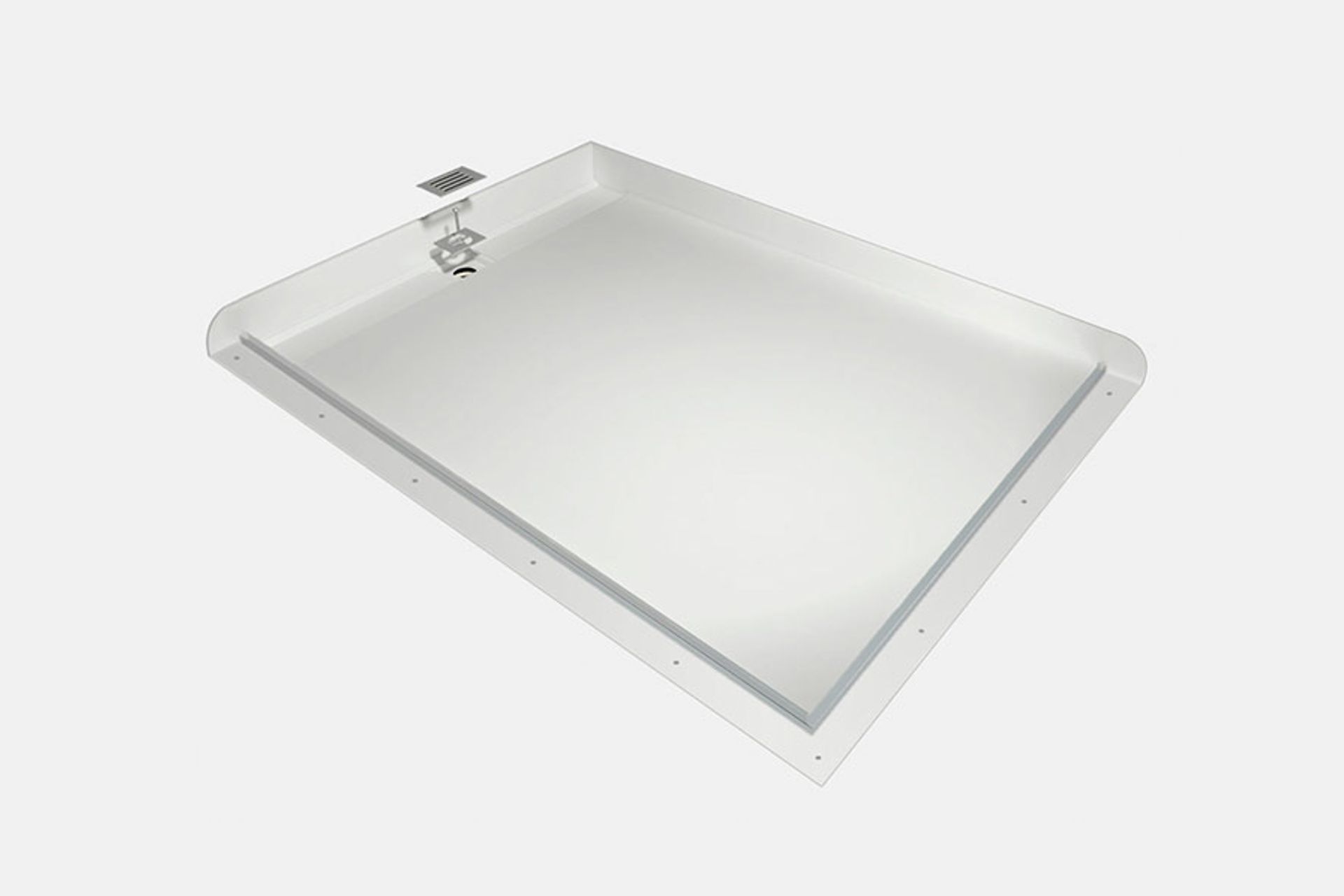 The Atlantis shower tray - featuring a solid and already waterproof construction, integrated waterproofing flanges, factory-fitted glazing channels and discreet channel drain.