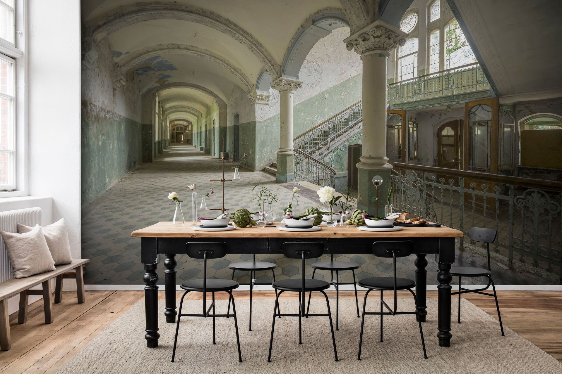 Rebel Walls' 'Bleached Baroque' trompe l'oeil mural wallpaper.