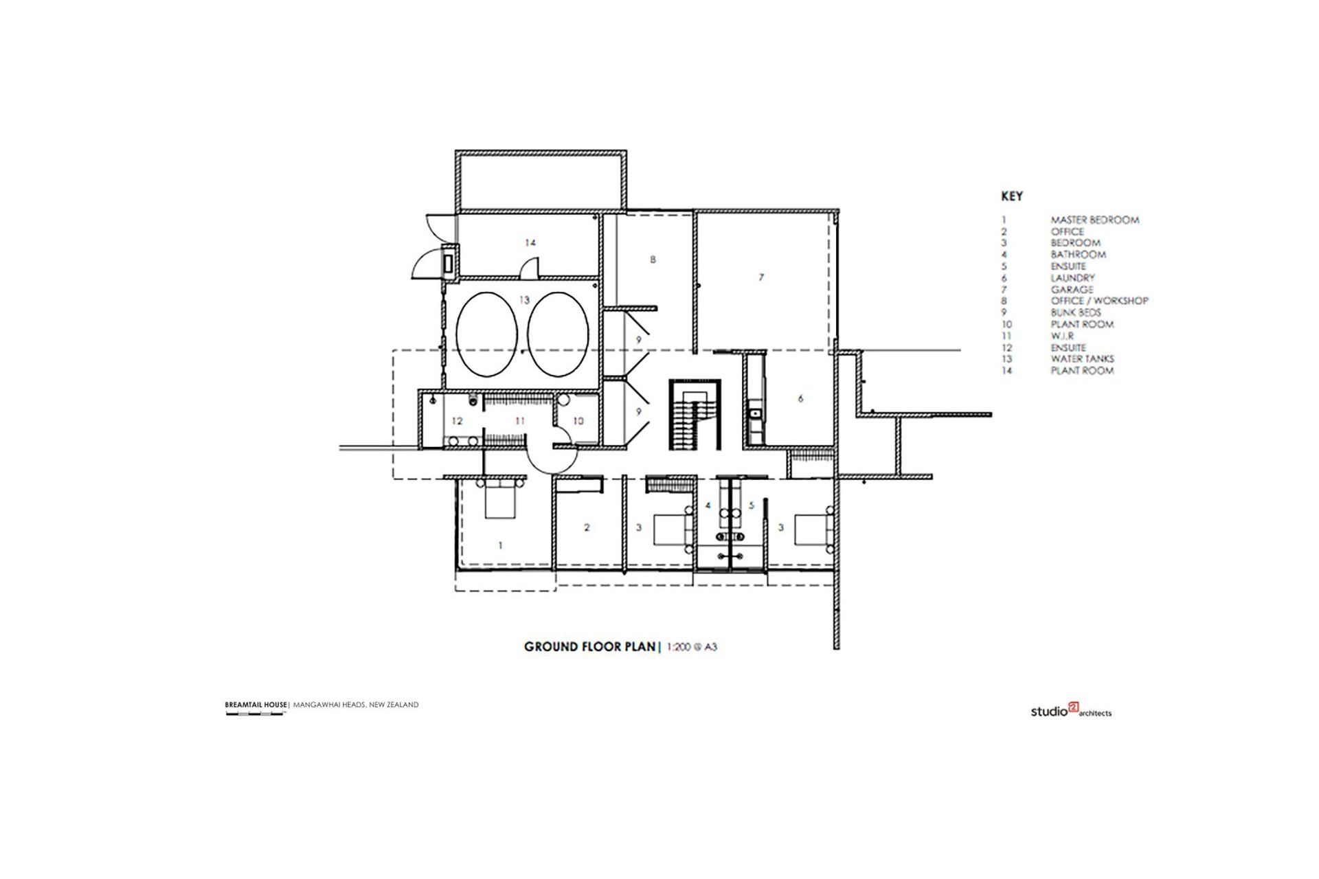 Breamtail House ground-floor plan by Studio2 Architects.