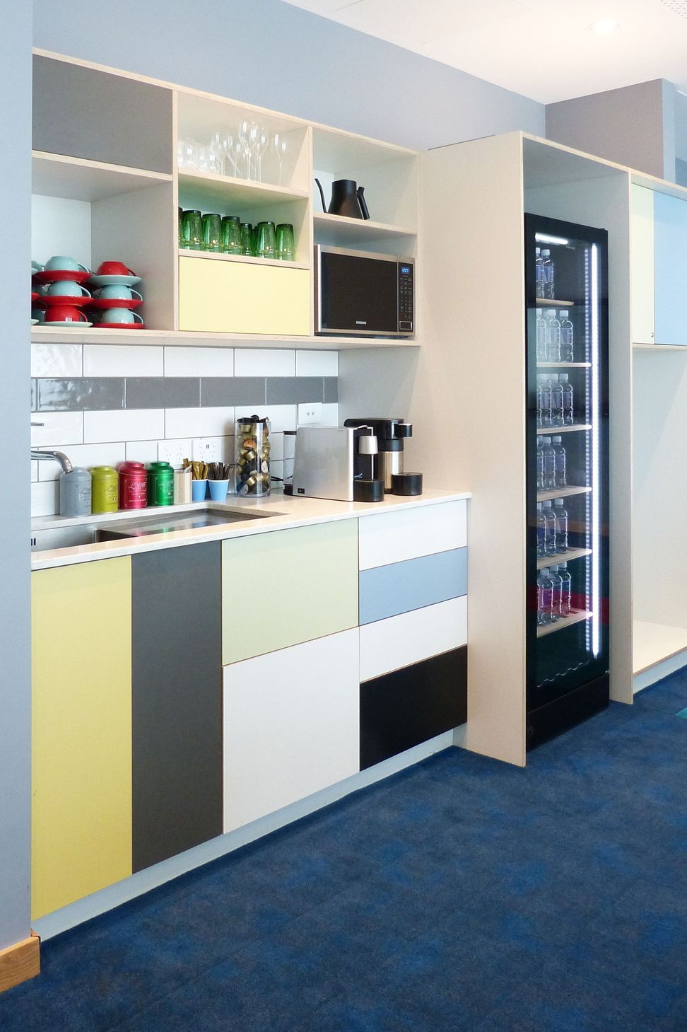 Smaller kitchenettes like these were fitted into each boardroom.  Billi instant hot water systems help provide tea and coffee very quickly.  Futura ply joinery brings continuity to all the other spaces on level one. 