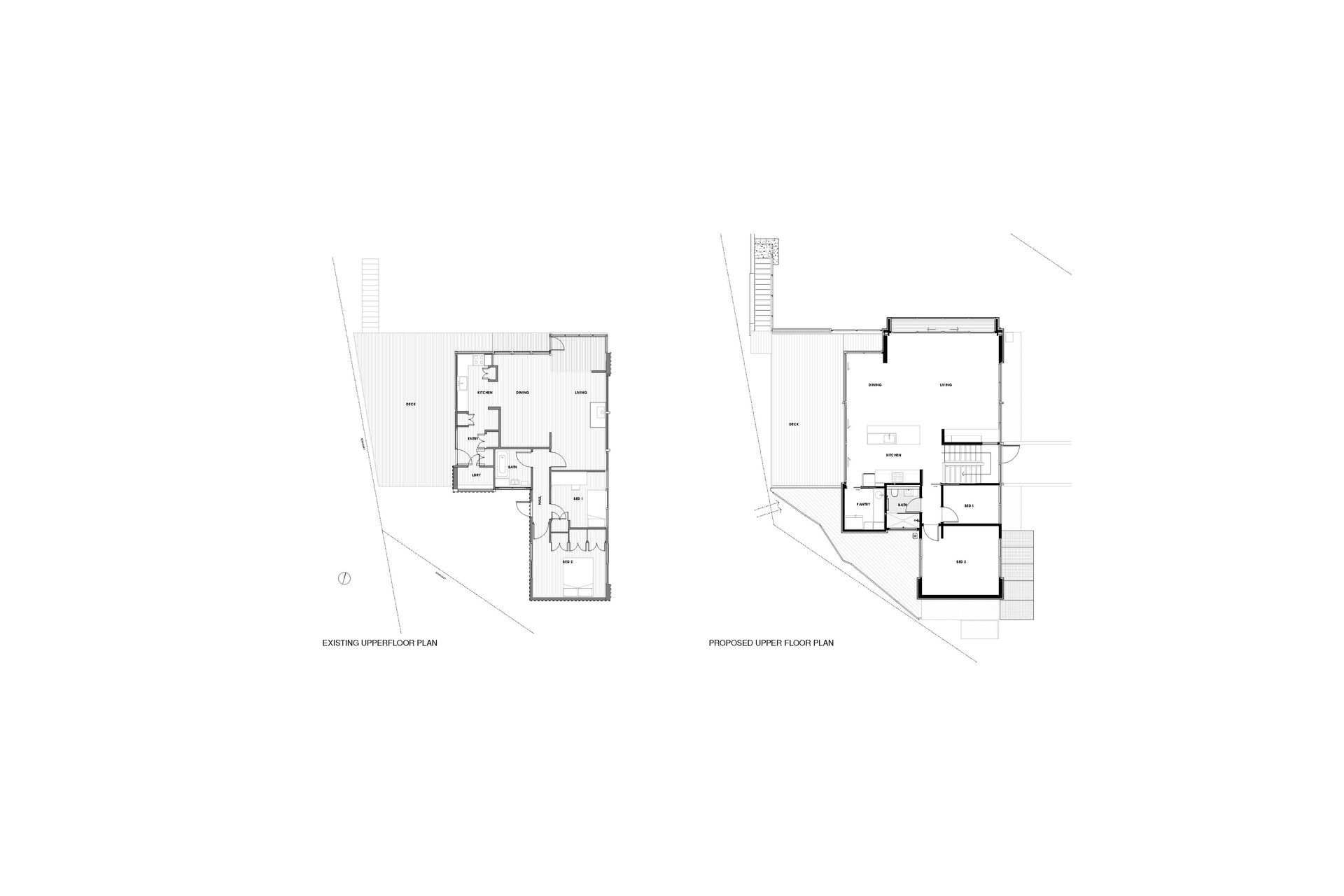 Floorplan showing pre-earthquake layout on the left and post-earthquake layout on the right, with the addition of the internal staircase and repositioned entry.