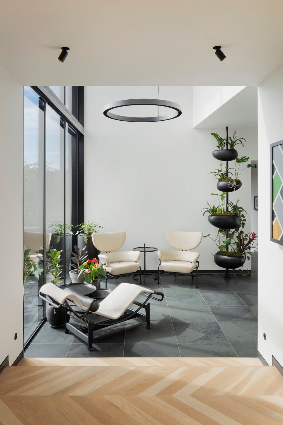 A double height glazed volume with a bridge above serves as a reading room with views across the outdoor spaces and into the living and dining areas.