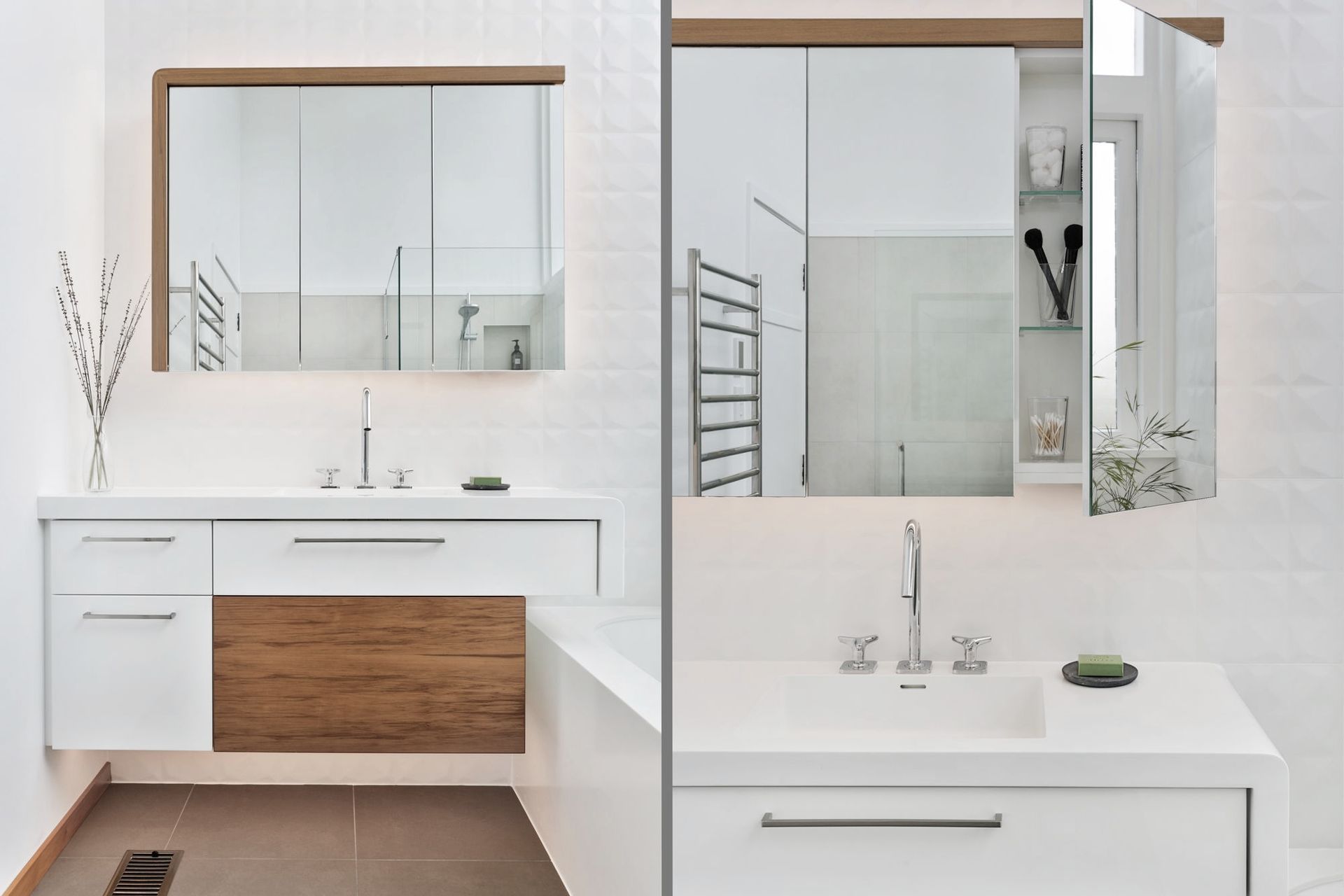 Warm Rimu veneer highlights echo timber panelling found throughout the owners beloved mid-century home. The Corian L-shaped benchtop end is gently curved then repeated opposite in the mirrored cabinet’s L-trim above. Star profiled tap handles were sourced