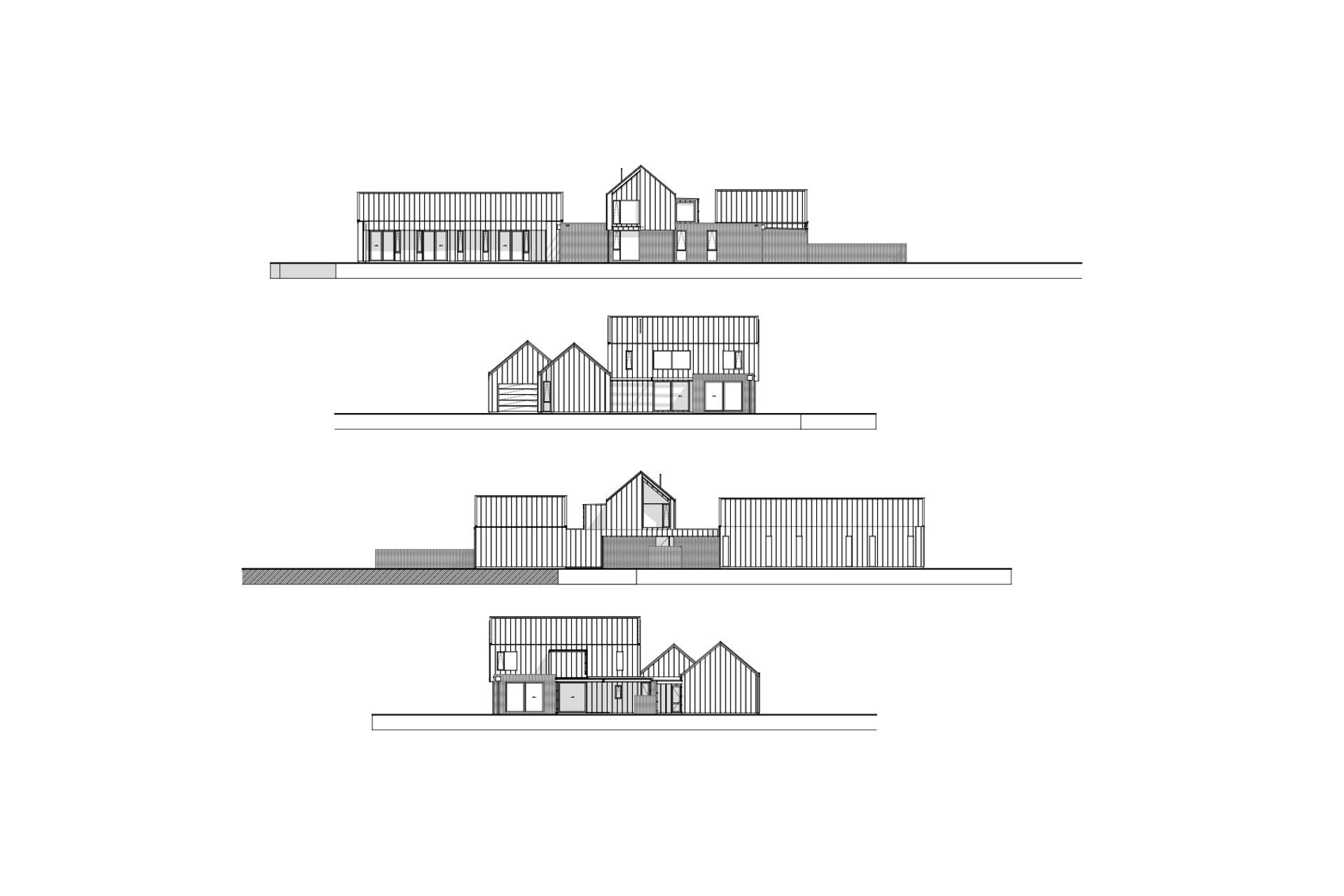 Elevations by Arthouse Architects, facing north, east, south and west (from top to bottom).