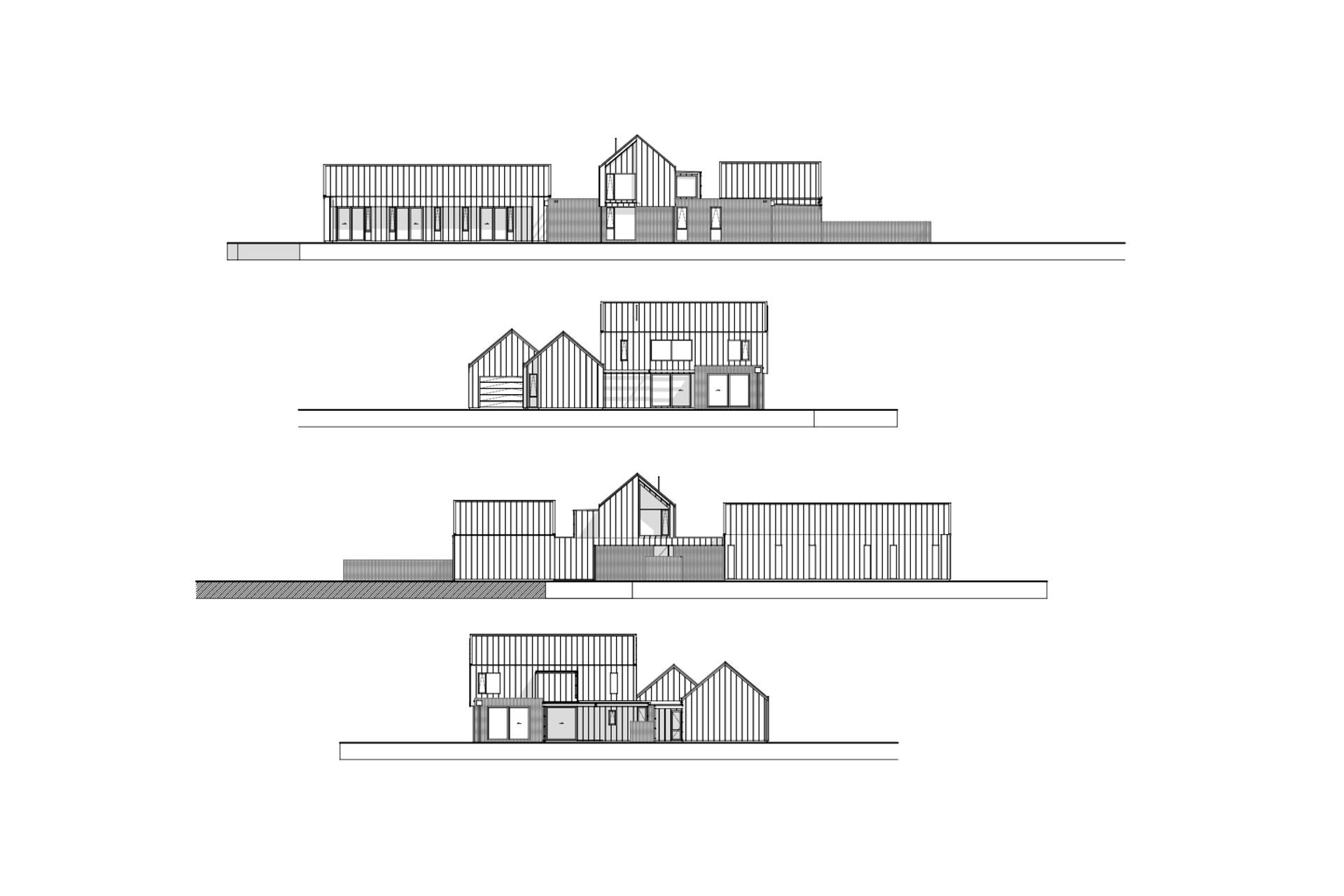 Elevations by Arthouse Architects, facing north, east, south and west (from top to bottom).