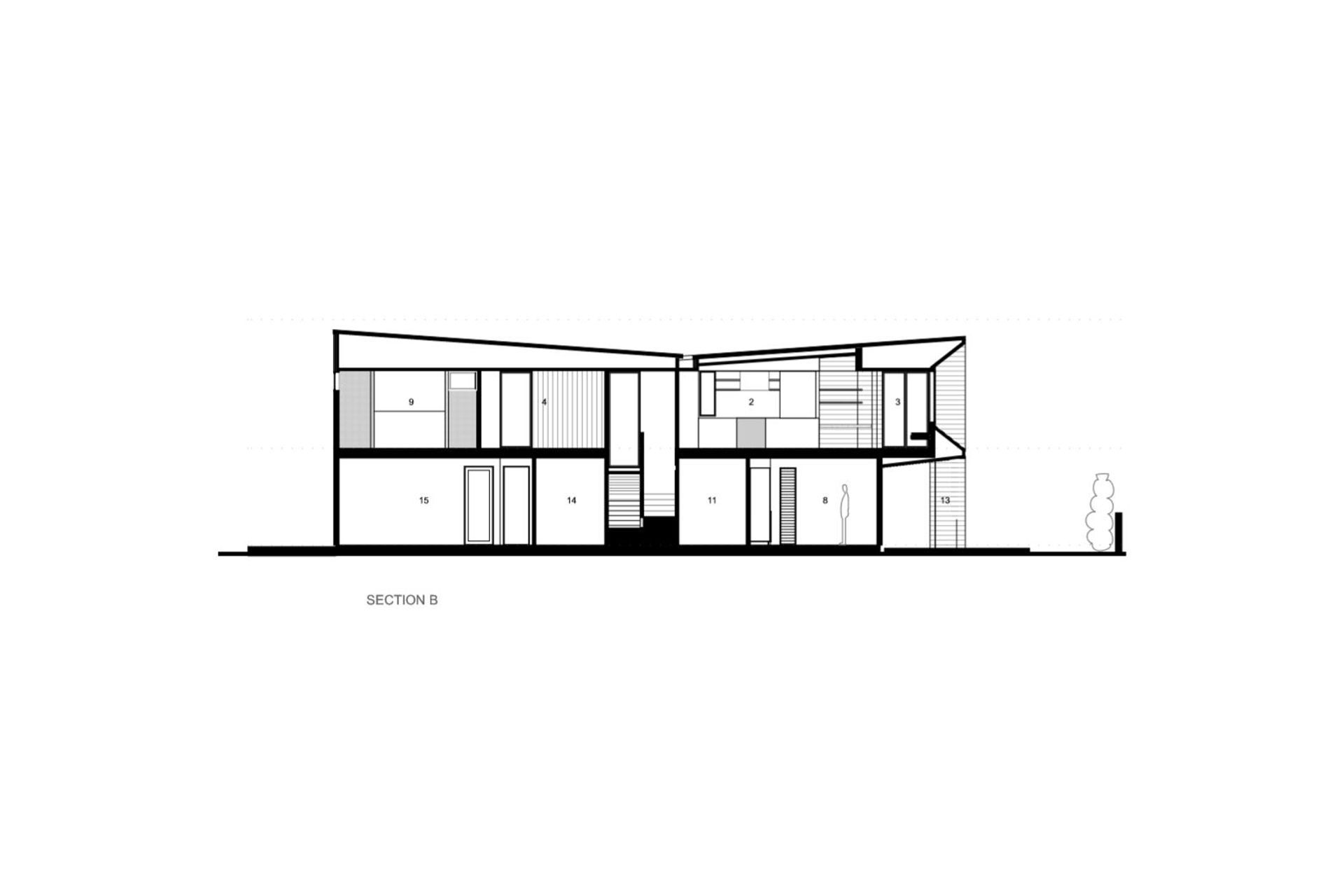 A cross section of the house by Julian Guthrie Architecture.. The numbering of the spaces relates to the numbering on the floor plans seen above.