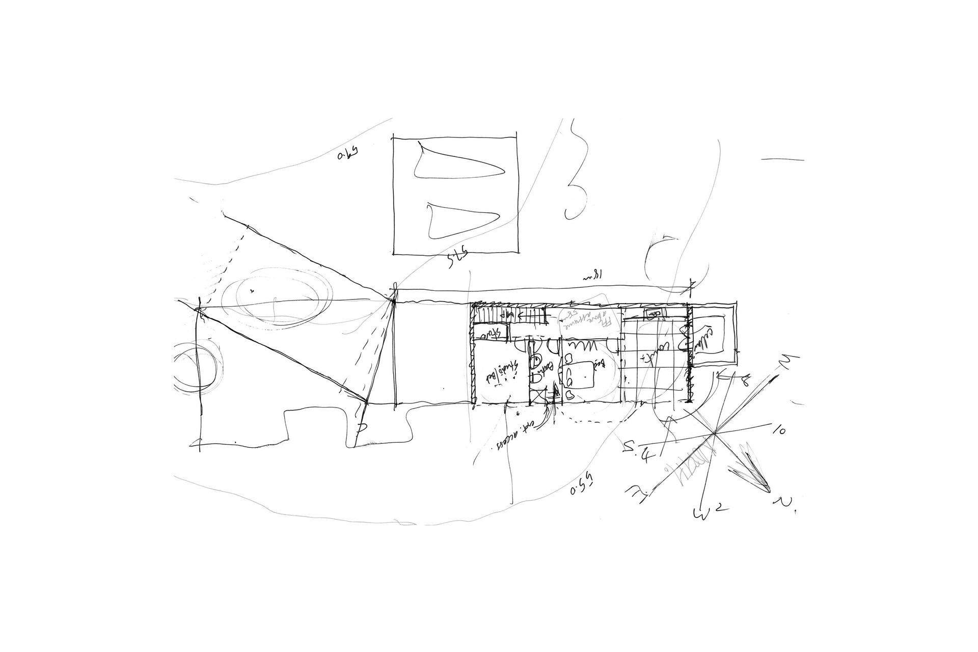 An early architect's sketch of the lower-level plan indicates an original plan to angle the end of the form facing south-east towards Oneroa Bay.