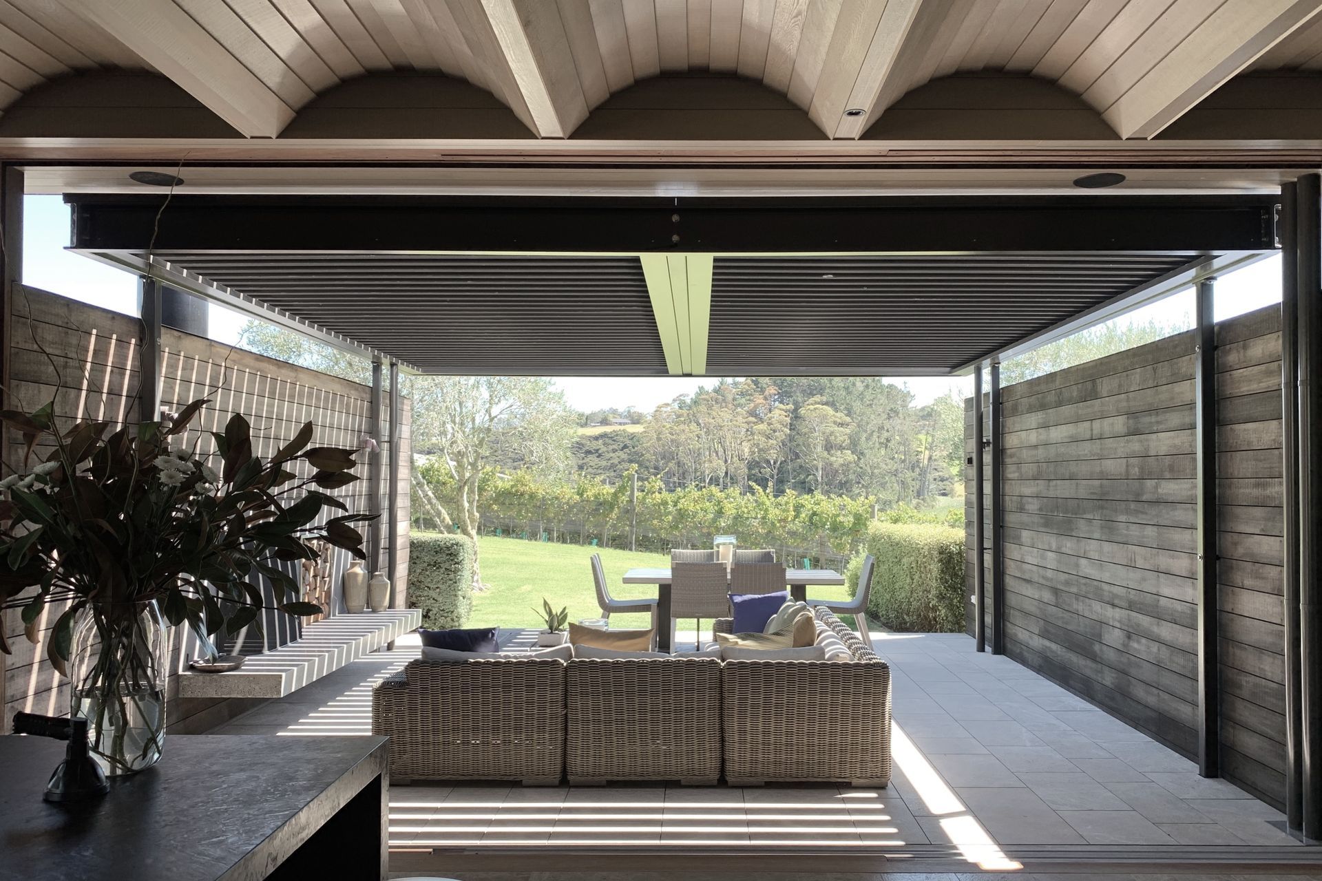 Louvered pergola with views to the vineyards beyond