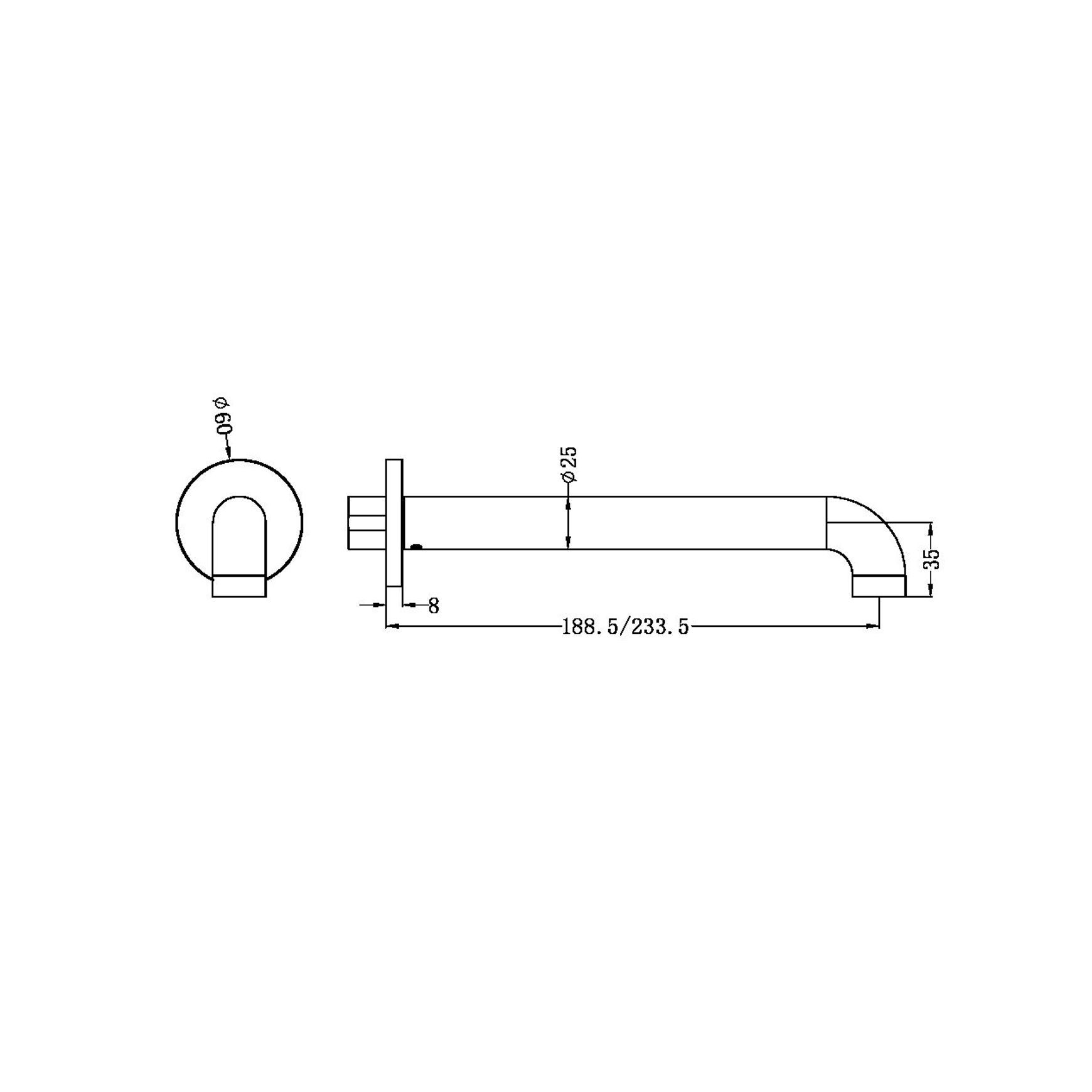 Zen SS316L Round Basin/Bath Spout 185mm | Brushed Nickel dimensions