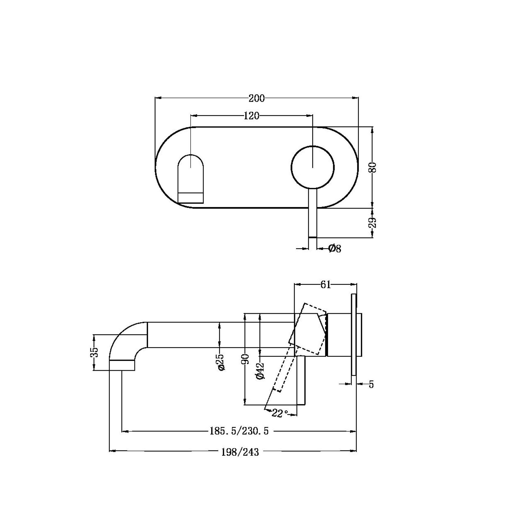 Zen SS316L Mixer 230mm Spout Trim Kits | Brushed Gold dimensions